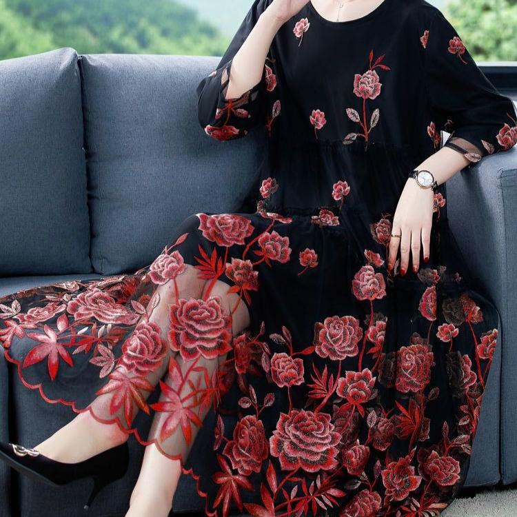 Rochie lungă rotundă brodată pentru femei, plasă, toamnă, largă, linie A, mărimi mari