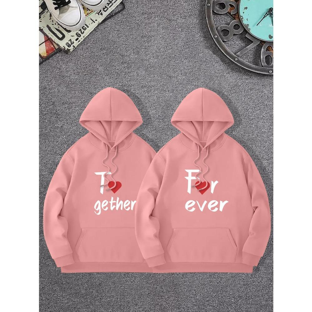 Matching Couple Printed Pullover Hoodie Drawstring Hood With Kangaroo Pocket Long Sleeve Couple Sweatshirt