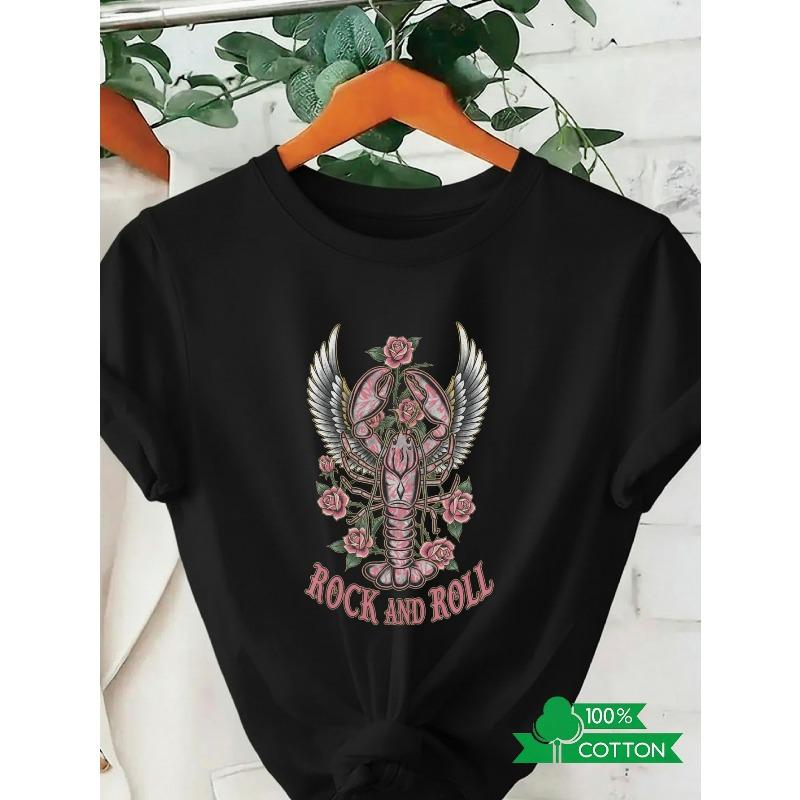 Fashionable Letter Anime Printed Women s Round Neck T-shirt with Simple Design, Comfortable and Breathable S чёрный