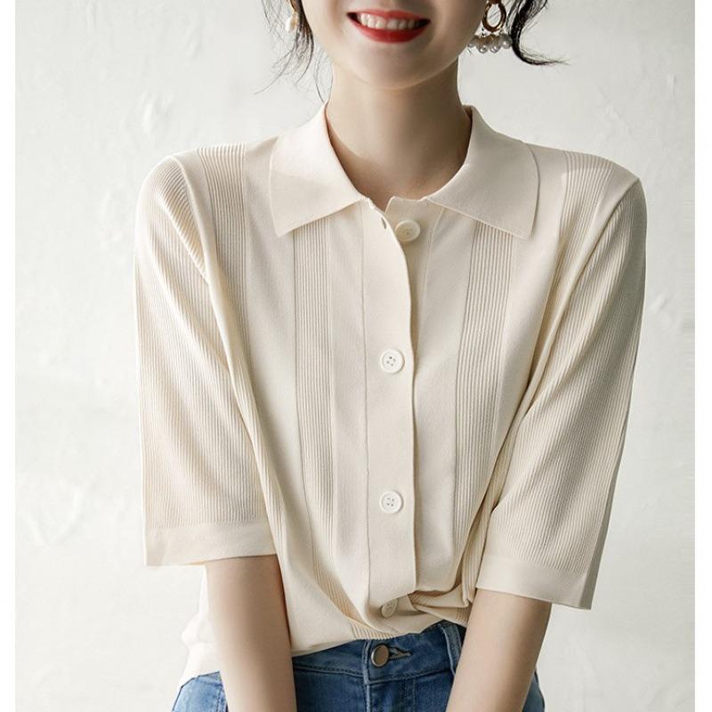 Women's summer new shirt yarn lapel mid-sleeved commuter knitted cardigan air-conditioned shirt