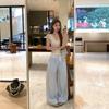 Womens Blue Striped Wide Leg Pants Loose Fit Casual Trousers With Lace Trim Waist Thin Style