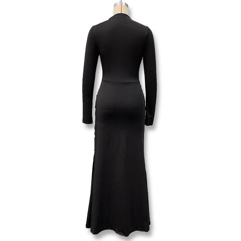 European Style Autumn Solid Color Long Sleeve Dress with Decorative Buckle