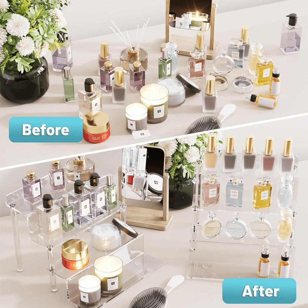 Acrylic Riser Display Stand,4 Tier Clear Perfume Organizer Shelf, Desktop Tiered Display Stand for Pop Figures/Cupcake Organize