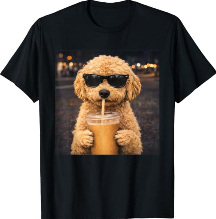 Dog Goldendoodle Drinking Iced Coffee Funny Animal Meme Dogs T-Shirt
