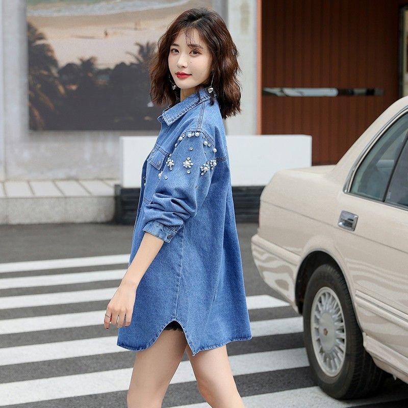 Korean Style Blue Denim Shirt Women Loose Elegant Embroidered Stand Collar Spring Autumn Casual Blouse
