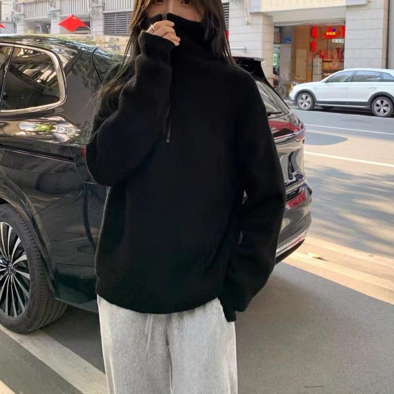 Autumn and Winter Women's Pit Stripes Half-zipper Sweater Design Sense of Stand-up Collar Soft Loose Lazy Wind Outside The Wear Sweater Tops