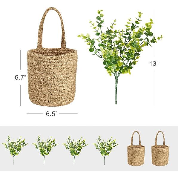 Dahey 2 Pack Wall Hanging Rope Basket with Artificial Eucalyptus Farmhouse Decor, Jute Woven Storage Organizer Flower Plants Basket Set Rustic Wall
