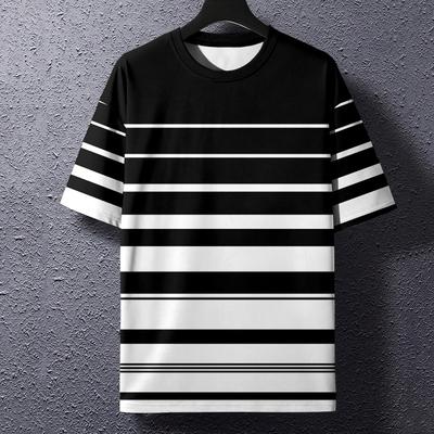 Letni Męski T-Shirt Paski Nadruk 3D Okrągły Dekolt Wciągany Business Casual Krótki Rękaw Top Męski Casualowy Oversizeowy T-Shirt Modny Top