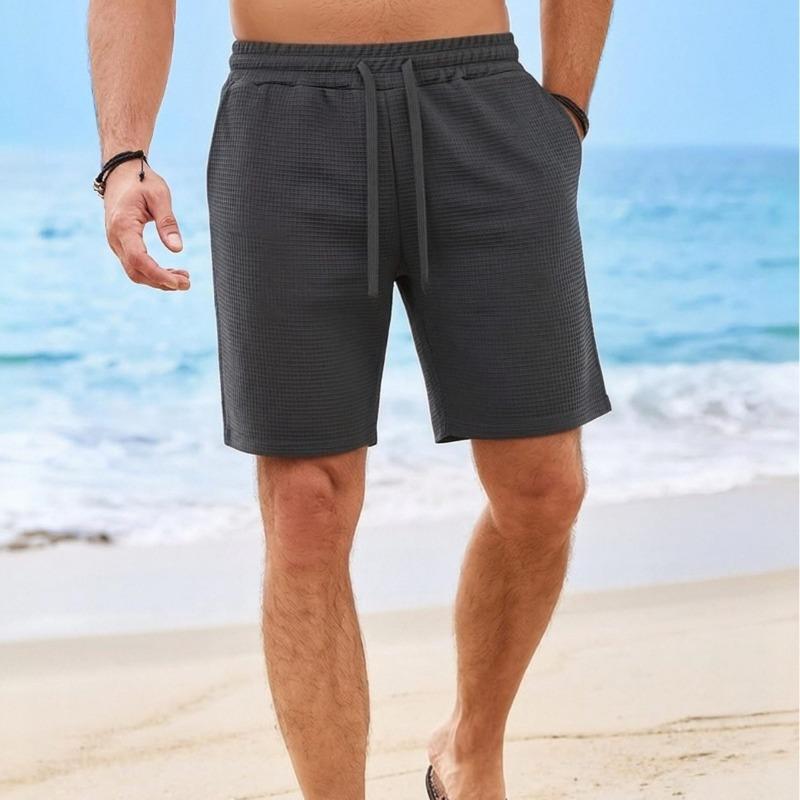 Mens Waffle Solid Color Drawstring Casual Shorts