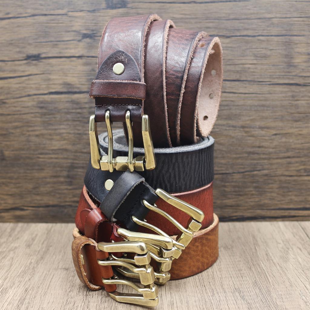 Thickened Double-needle Buckle Belt, Men's Genuine Leather Top Layer Cowhide, Retro Casual and Trendy, Versatile Youth Denim Belt
