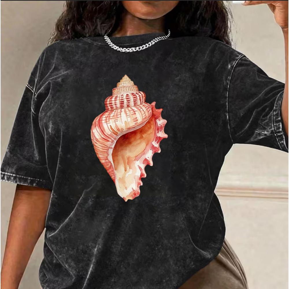 Watercolor Ocean Animal Oversized T-Shirt Washed Cotton Casual Tee Seashell Whale Dolphin Graphic Top
