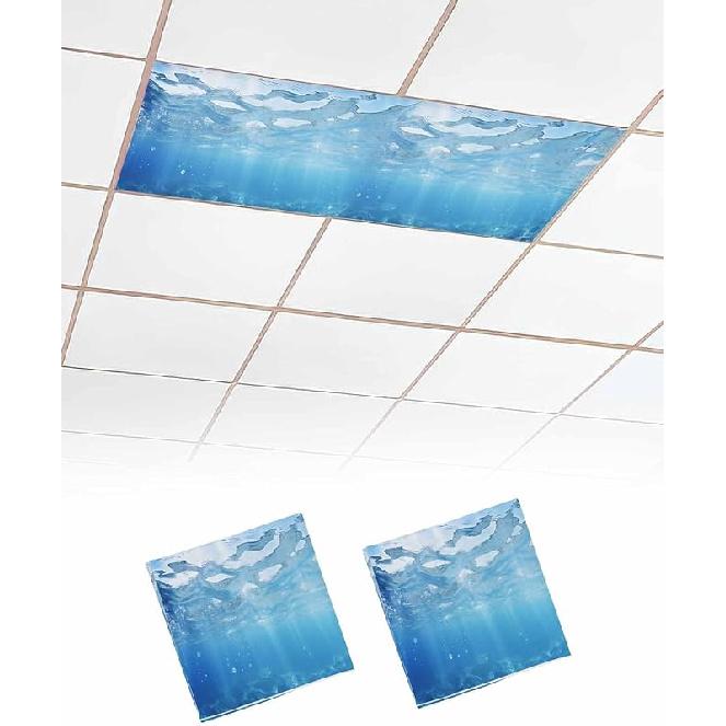 Summer 4 Pcs Fluorescent Light Covers, Ocean Blue Sea Waves Underwater Magnetic Light Filters Shade Panel Light Covers for Ceiling Lights Classroom