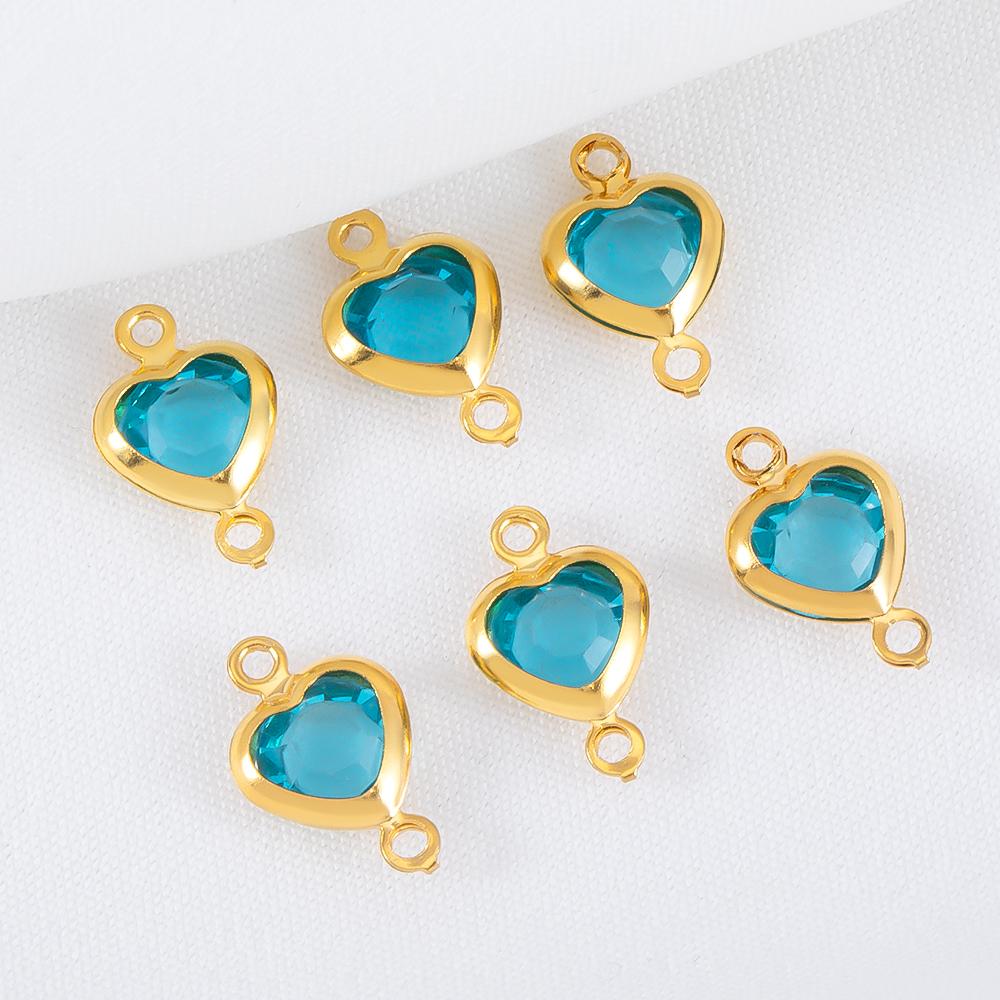 10pcs 7.5mm Stainless Steel Double Hole Heart Pendant Colorful Crystal Charms Connector for DIY Necklace Bracelet Jewelry Making