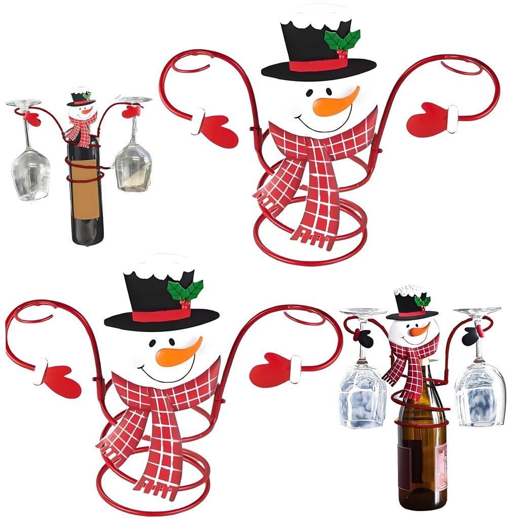 Festlig snögubbe vinflaskedekoration, metallställ för 1 flaska & 2 glas - Julfest & Hemmabarinredning