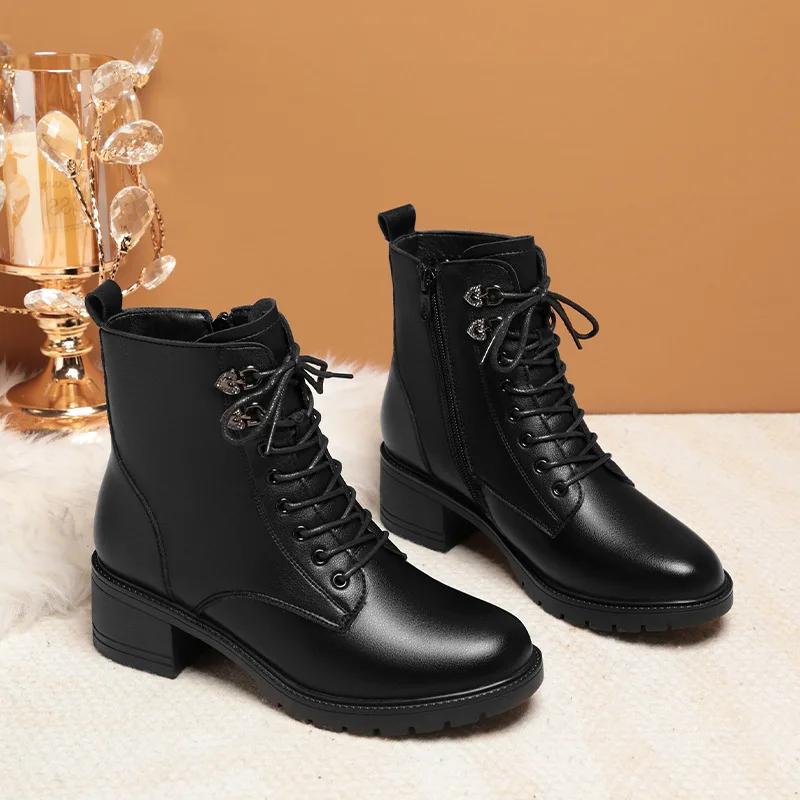 4.5cm Comfortable Med Square Heels Soft Leather Shoes Women's Platform Botas Winter 2025 Short Plush Warm Ankle Boots Office Mom
