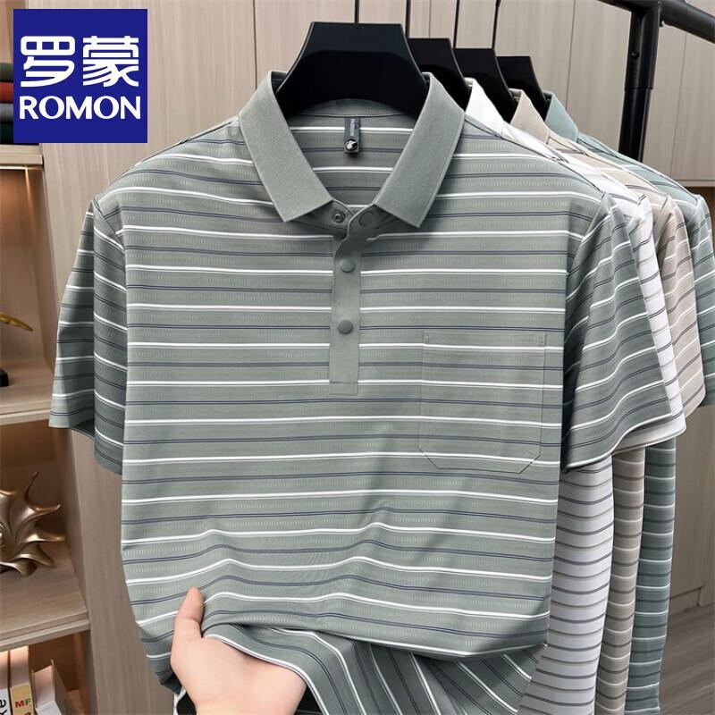 ROMON Men s New Ice Silk Striped Polo T-Shirt 3XL