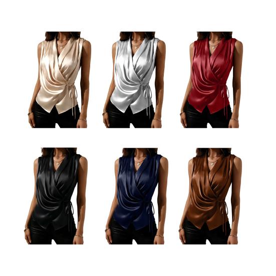 Women Tops Sleeveless Satin Swing Collar Pleated Strap Design Loose Fit Summer Tops Casual Work Party Date Wear