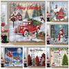 Winter Christmas Shower Curtain Red Truck Snowman Reindeer Snowy Farmhouse Bath Curtain Washable Polyester Fabric Bathroom Decor