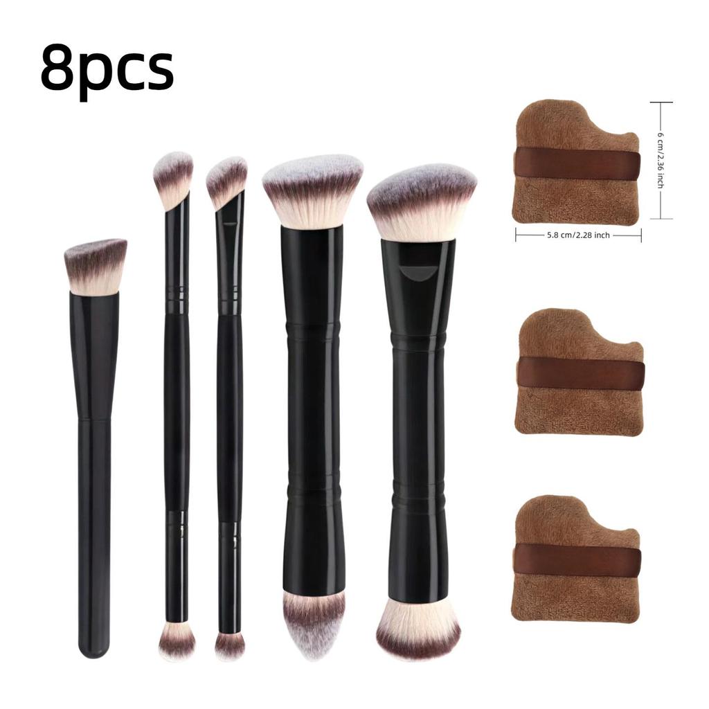 5 Double-Ended Makeup Brushes: Foundation, Blush, 3-Color Contour, Soft Bristle, Loose Powder, Beauty Tool Set