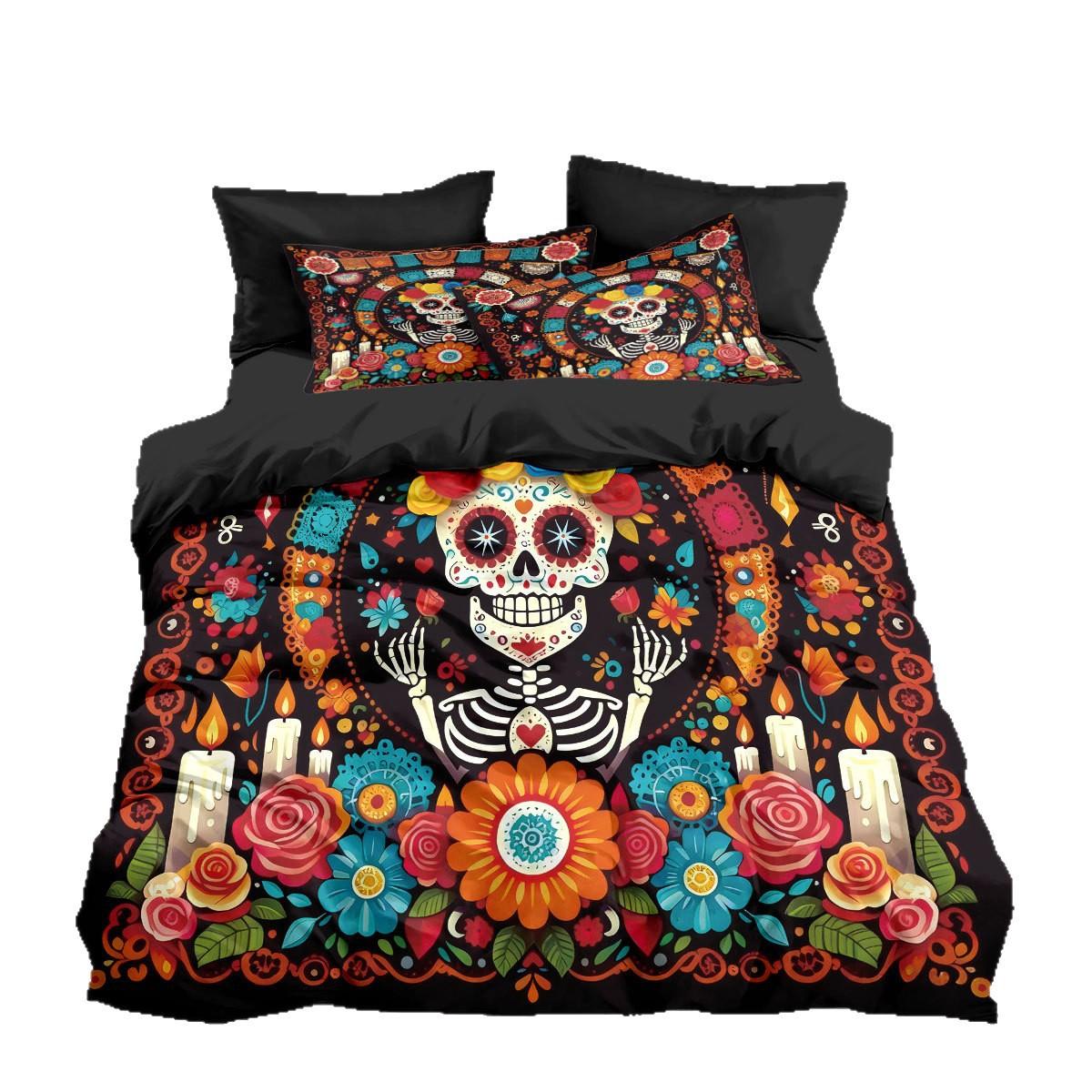 Monika Chen Unisex Skull Flowers Bedding Set Skull Retro Print Duvet Cover Pillowcase Co Co Room Decoration Quilt Cover Single Double Large Size