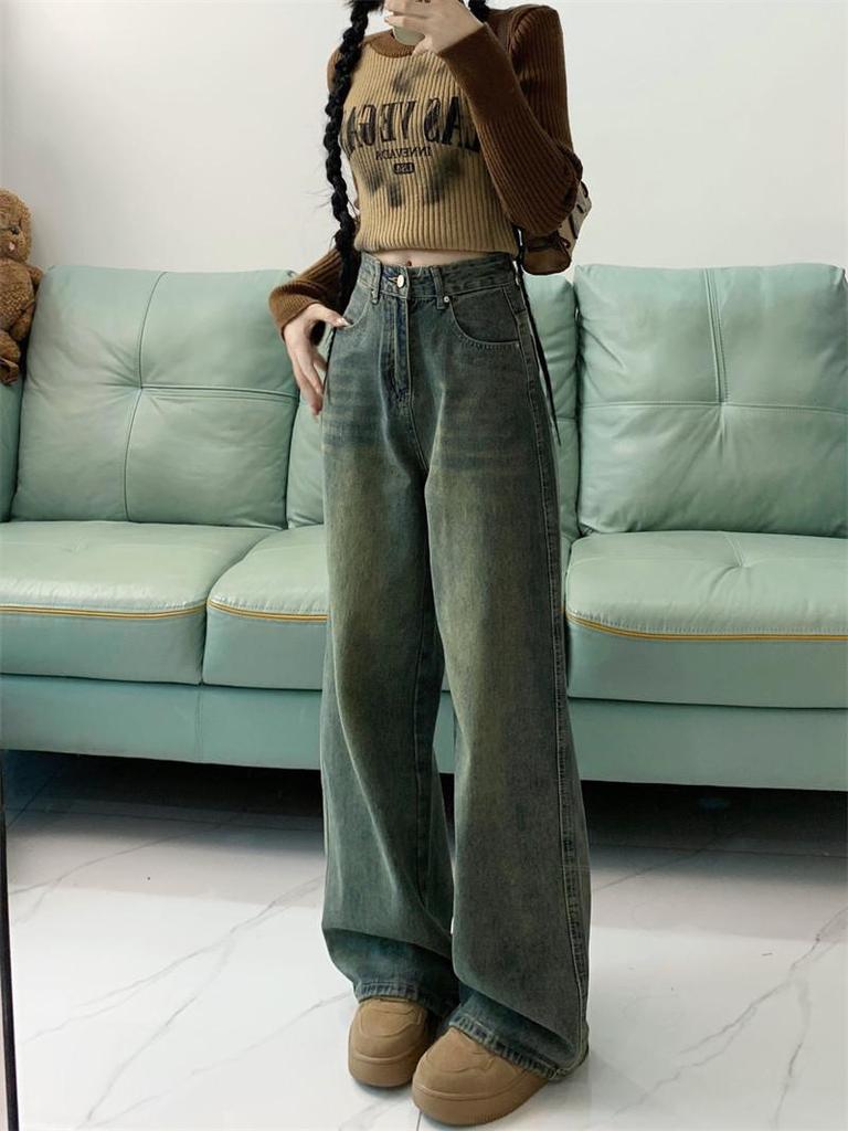 Women's Plus Size High Waist Retro Washed Wide Leg Jeans