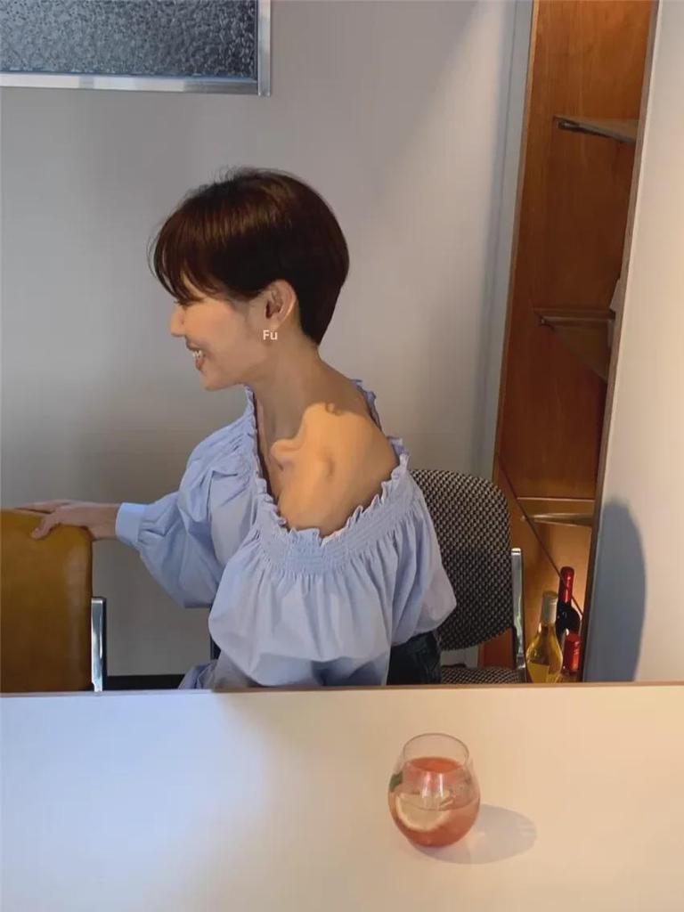 Korean Chic Reversible Off-Shoulder Lantern Sleeve Shirt for Women - French Milk Blue Whitening Design