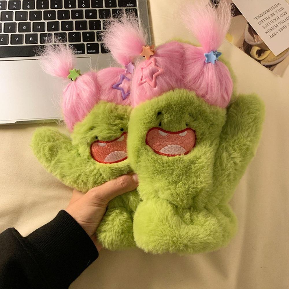 DIY Ponytail Cartoon Plush Gloves Keep Warm Neck Hanging Mittens Cute Fluffy Gloves  Winter