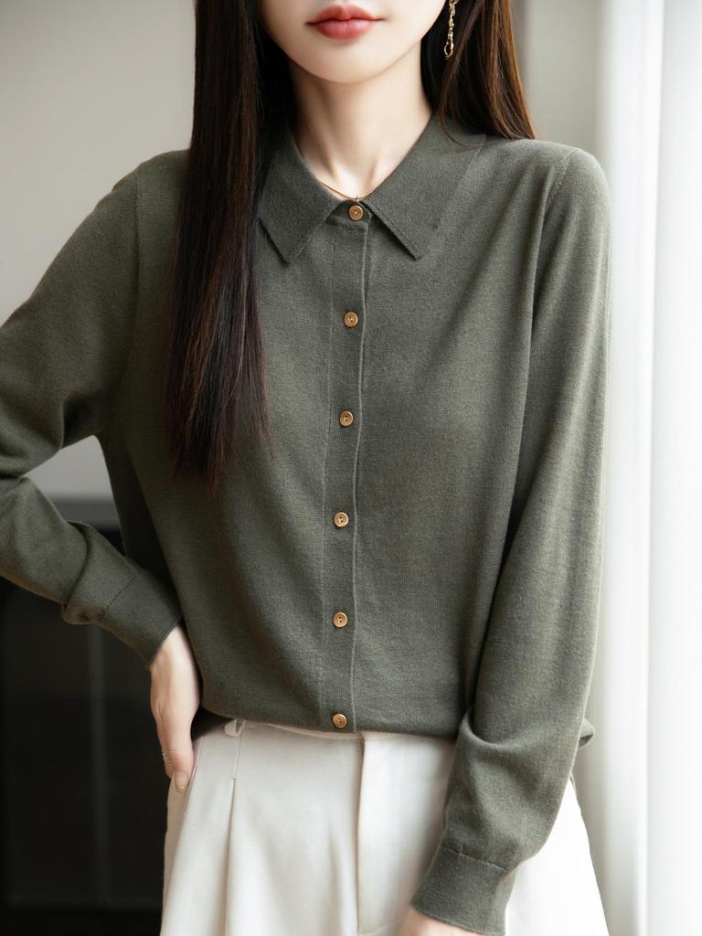 Damen Strickjacke für den Frühherbst: Polo-Kragen Langarm Pullover-Top