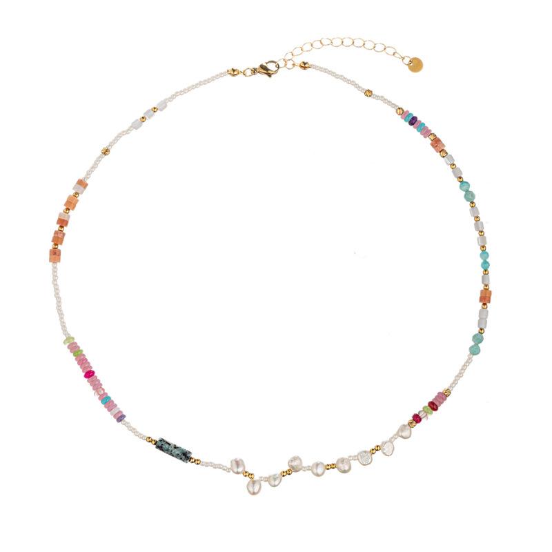 GEMCHIC Women's Bohemian Style Natural Stone and Pearl Beaded Necklace with Gold Plated Stainless Steel Chain