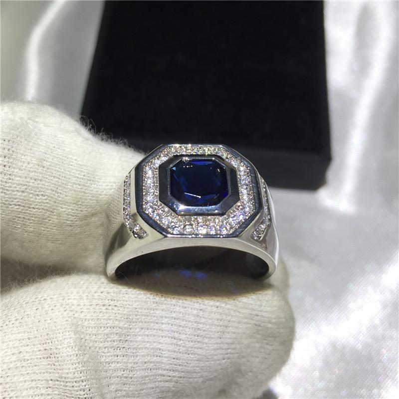 Statement Male Ring Silver Color 7mm Blue AAAAA Zircon Cz Engagement Wedding Band Rings for Men Finger Party Jewelry