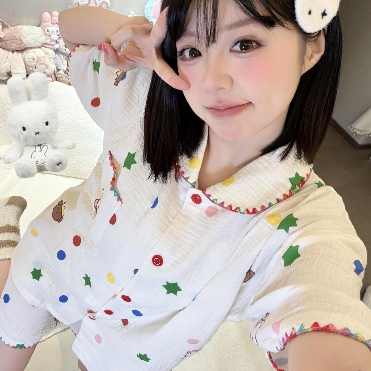 

Summer cute cartoon printed pajamas women s cardigan lapel collar short-sleeved shorts ins style suit can be worn outside loungewear S