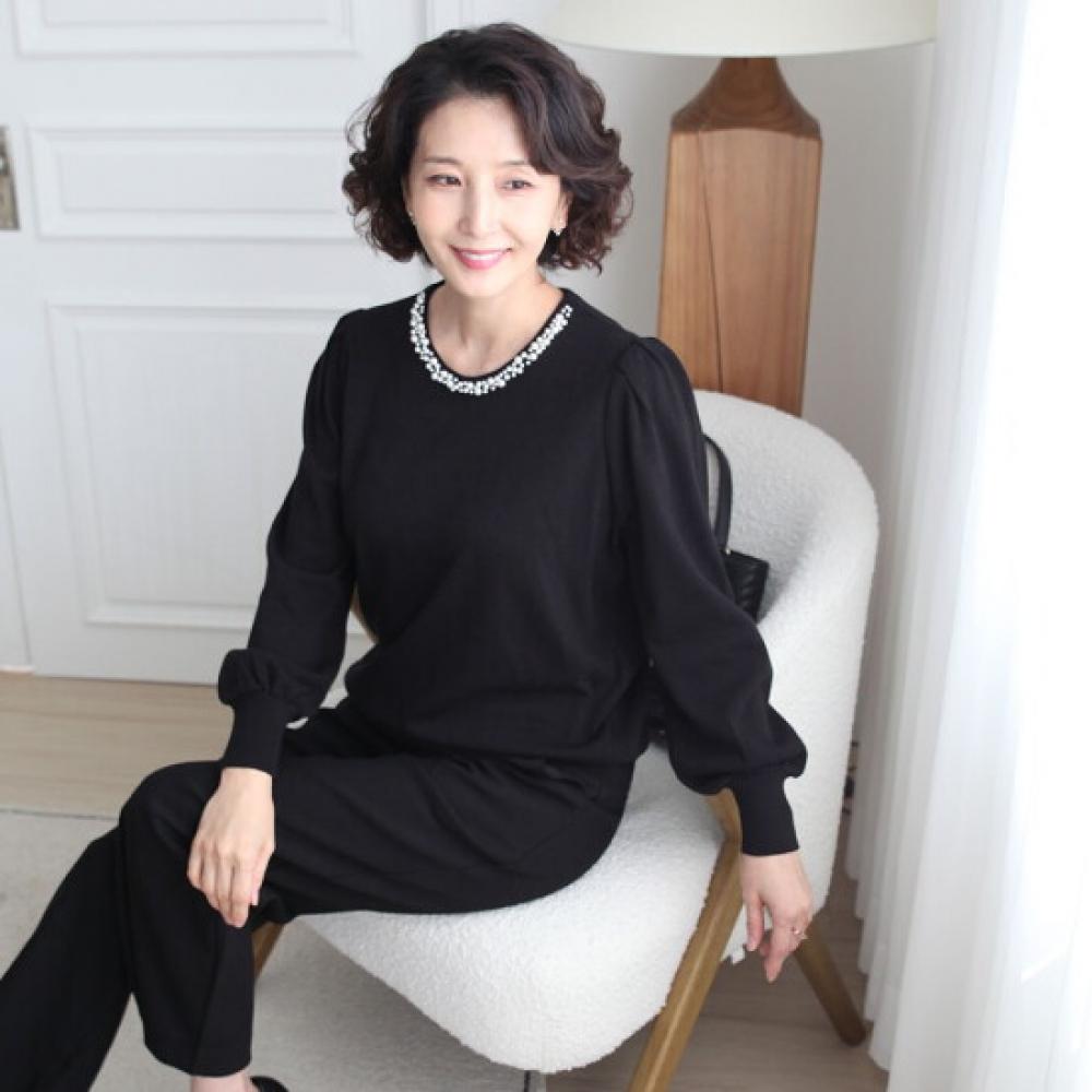Shiz Madam Women S Pearl Necklace Decoration Balloon Sleeve Knit Top T57213