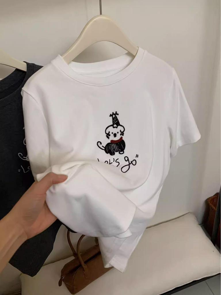 2025 Summer Women's Embroidered Dog T-shirt - Short Sleeve, Simple Line Design, Round Neck