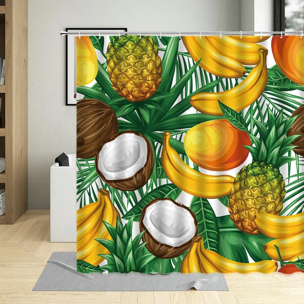 Tropical Pineapple Shower Curtains Watercolor Fruit Leaves Palm Leaf Flower Plant Bath Curtain Sets Modern Fabric Bathroom Decor