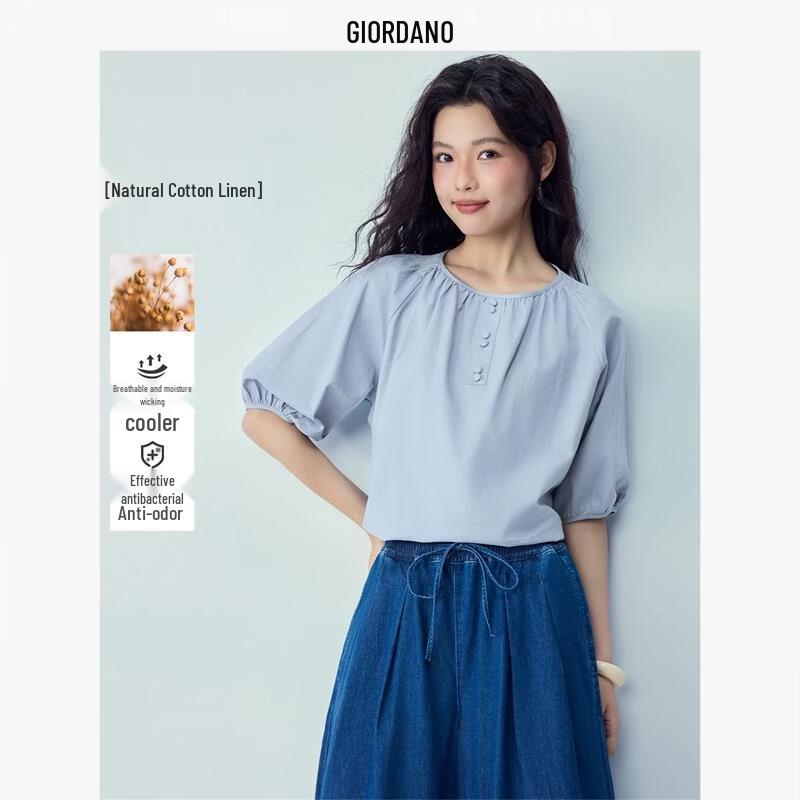 Giordano Women's Cotton-Linen Pleated Raglan Blouse