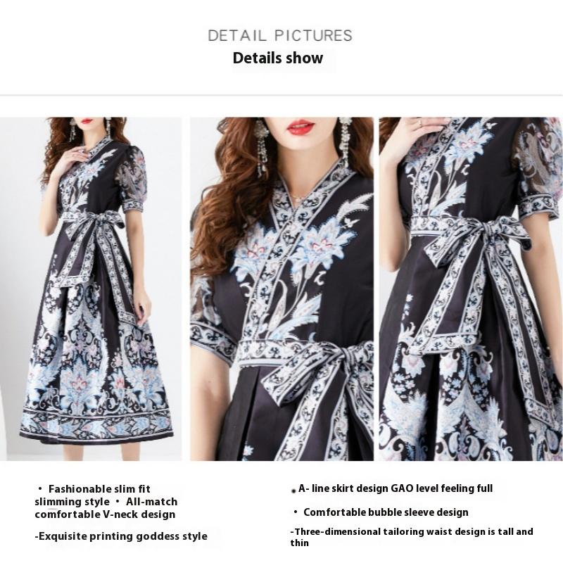 Urlaub Wickelstil V-Ausschnitt Laternenärmel Langes bedrucktes Kleid Damen