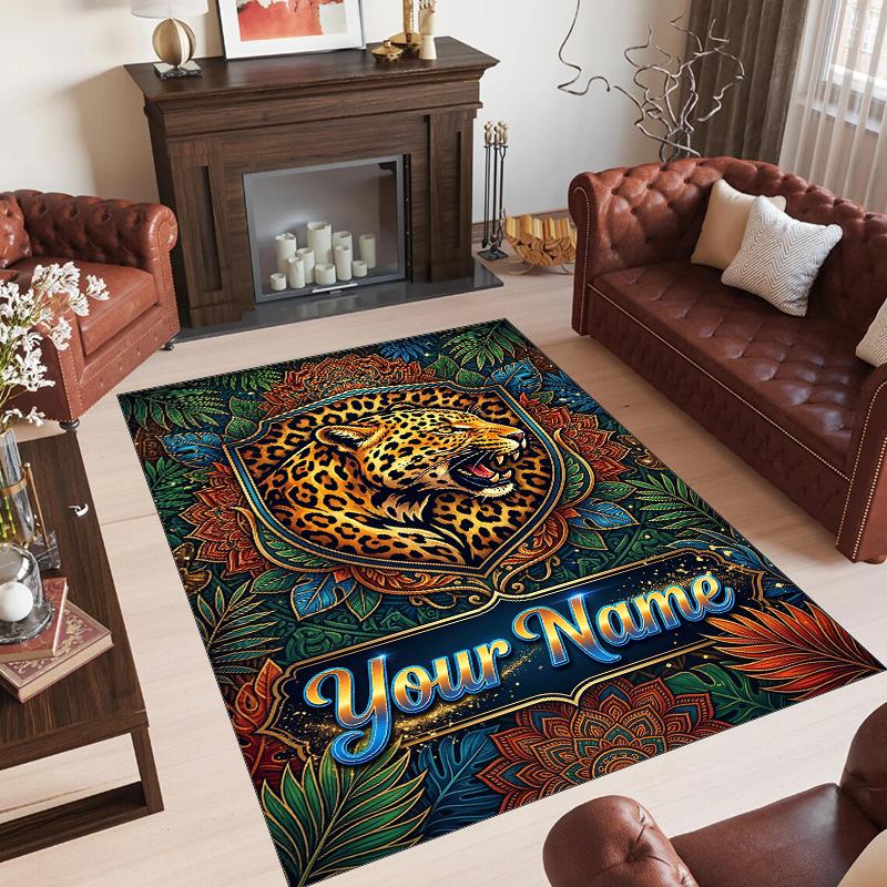 Leopard Theme Crystal Velvet Floor Rug Personalized Custom Name Text Warm Carpet Home Decoration