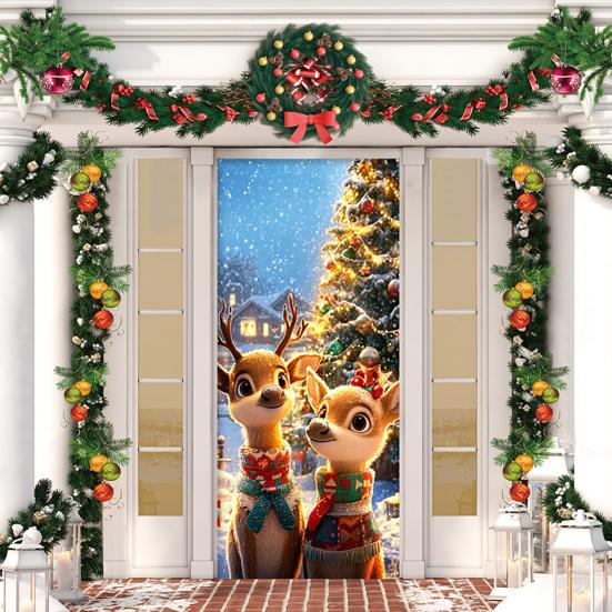 Christmas Door Cover Cute Reindeer Front Door Cover 35x82in Porch Welcome Sign Banner for Winter Holiday Party Photo Backdrop Decor