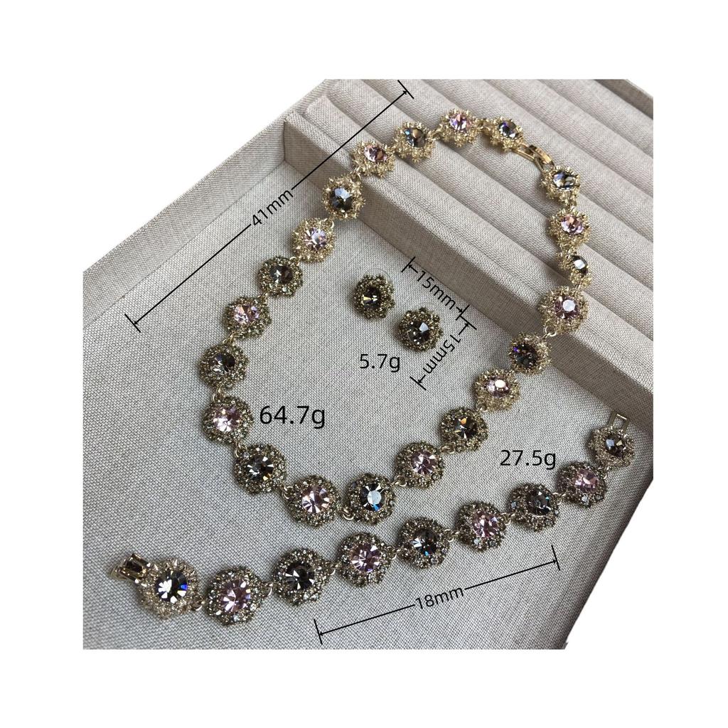 French Light Luxury Diamond Colored Flower Necklace Bracelet Stud Earrings Jewelry Retro Fashion Pink Gemstone Collarbone Chain Earrings