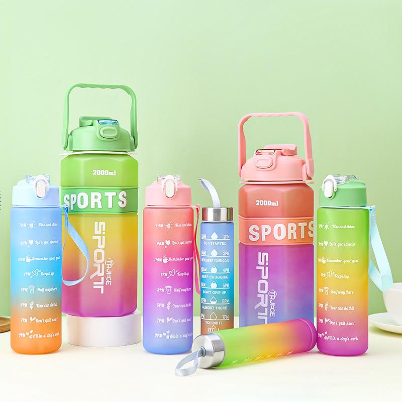 Water Bottle Gradual Change Color Large Capacity Three Piece Plastic Cup Outdoor Portable Sports Kettle with Scale Large Capacity Space Cup