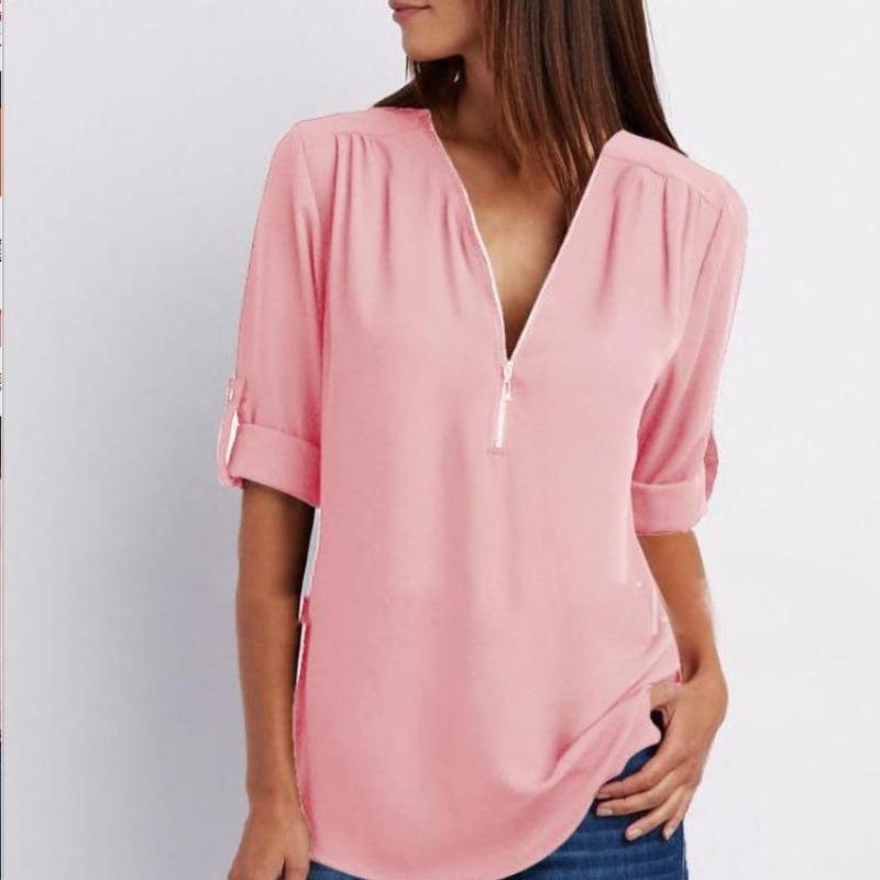 Camicia a maniche lunghe in chiffon con scollo a V e cerniera, taglie forti, da donna, con maniche regolabili