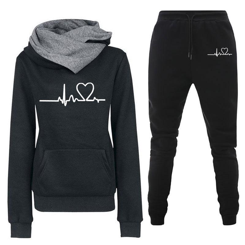 Women's Heartbeat Print Hoodie & Sweatshirt Sportswear Set - Spring/Autumn Casual Style