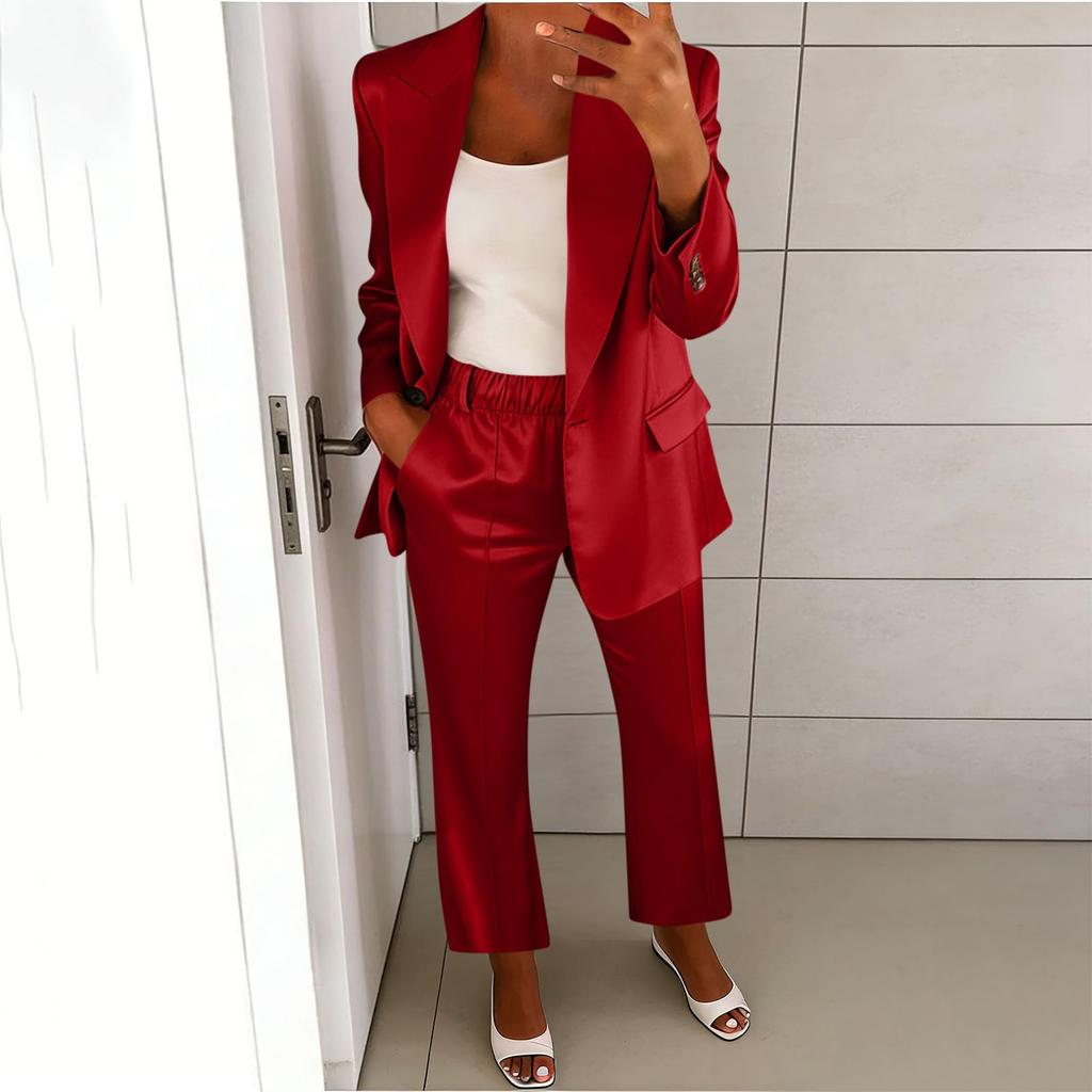 Damen Satin- und Hosen-Set - Langärmelige Reversjacke mit elastischer Taille Stoffhose für Business Casual