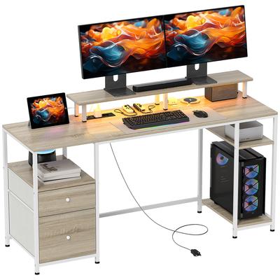 Computer Desk, Desk with Adjustable LED Lights, 2 Sockets, USB Ports, Drawers, Shelves, 155.5x48x88.5cm, Natural Wood Effect