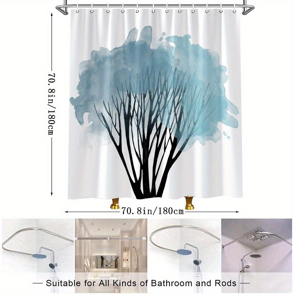 Minimalist Tree Silhouette Shower Curtain - Black Branches, Teal Blue Watercolor, Dreamy Fluid Design, Polyester, Bathroom Decor