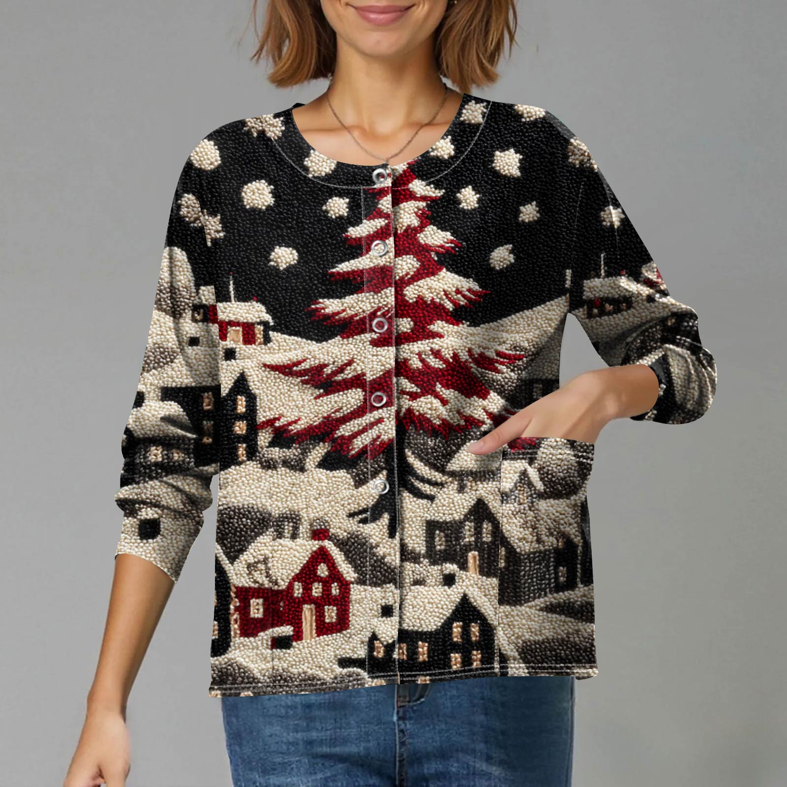 

Women s Casual Long-Sleeved Single-Breasted Christmas-Themed Print Cardigan L чёрный
