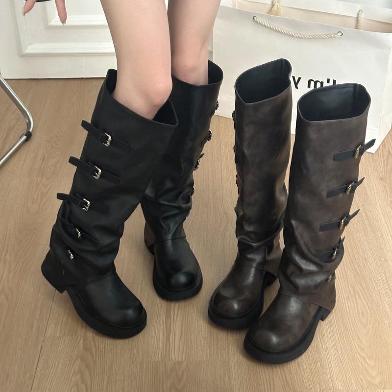 Retro Pleated Stacked Boots Women's 2025 New Long Western Cowboy Boots High Thick Heel Thick-soled Martin Boots Women