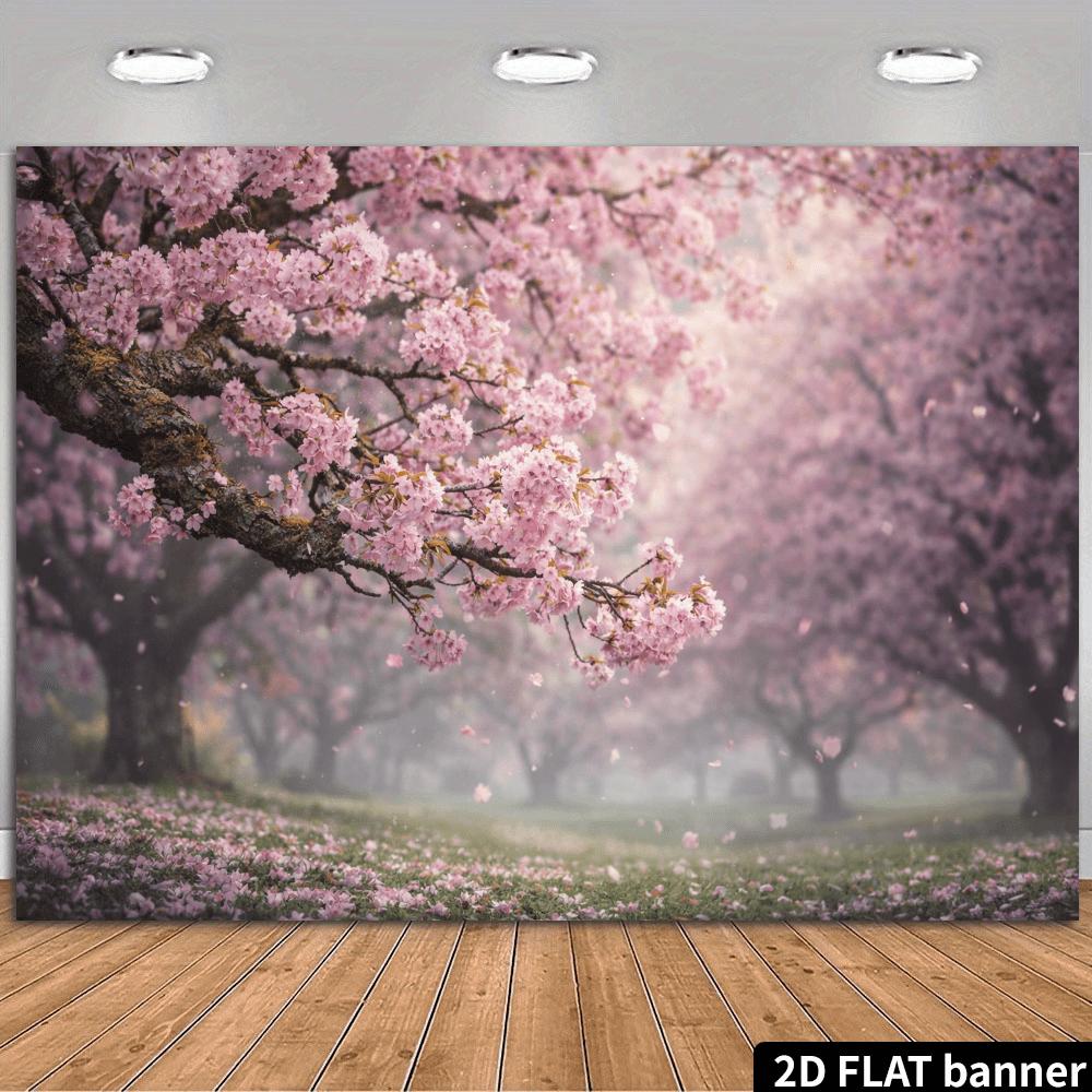2D plane springtime cherry blossom close-up background fabric - Pink and white cherry blossom branches against a green lawn scen (as the picture,100x150cm)