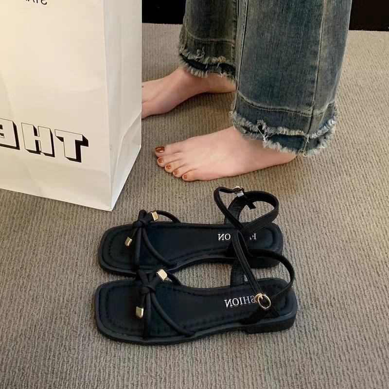 

Сандалии с ремешками в римском стиле для женщин, лето 2025, новые универсальные сандалии на плоской подошве, повседневные, в стиле феи, с юбкой, пляжная обувь для беременных женщин 35 чёрный