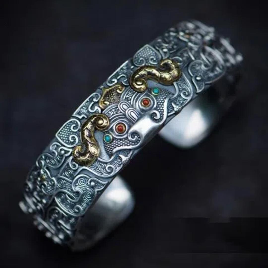 

Мужской браслет Kuiniu высокого класса, узор с лицом прожорливого зверя, серебряный браслет с рогатым драконом, ретро и мощный новый стиль 18CM